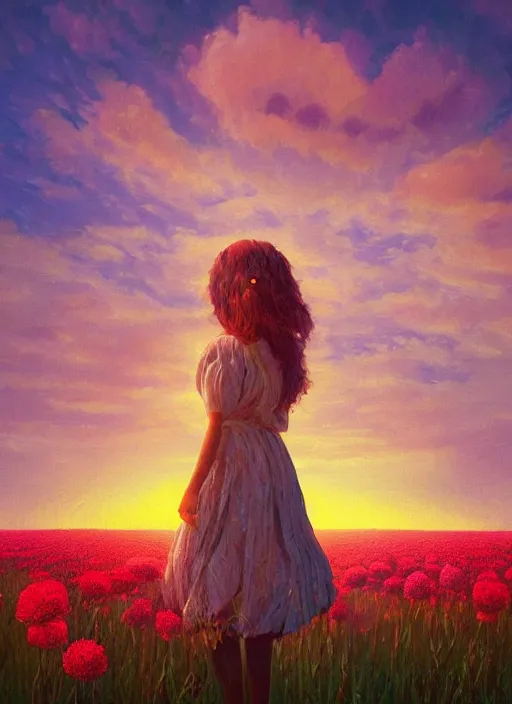 Image similar to portrait of a woman, face made of giant carnation, flower field, surreal photography, sunset dramatic light, impressionist painting, colorful clouds, large sky, digital painting, artstation, simon stalenhag