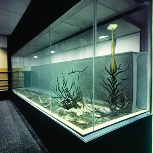 Image similar to spooky creepy liminal space, display case, aquatic exhibition science museum, half - dried aquarium with submerged spine, bright computer screens, backroom stairs leading down under water, photo taken on 1 9 8 0 s fujifilm superia