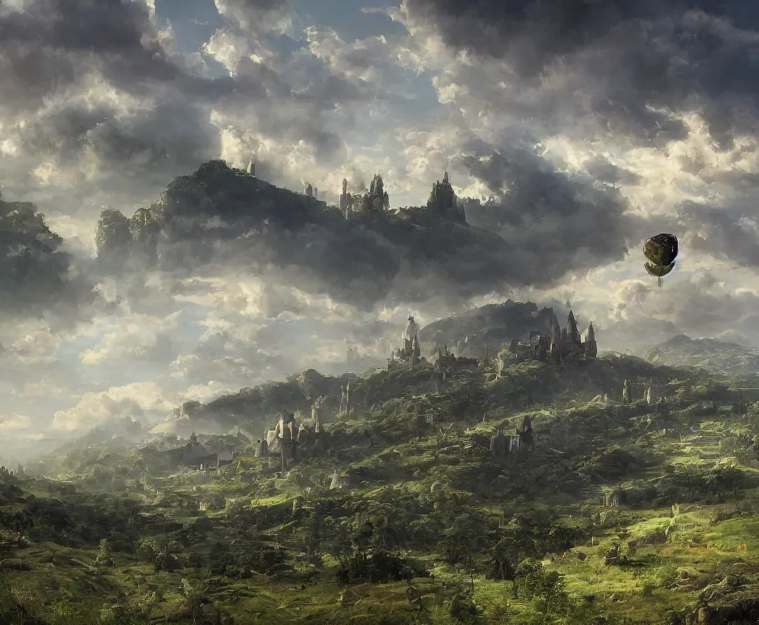 Image similar to Vast verdant empty flat valley surrounded by Transylvanian mountains. A huge zeppelin in the sky among colorful clouds. A ruined medieval castle on the hillside in the background. No villages or buildings. Late warm evening light in the summer, gloomy weather. Hyperrealistic, high quality, fantasy art by Greg Rutkowski.