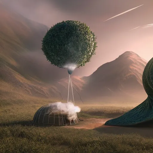 Image similar to a spherical shoe, beautiful wonderland, smoke - filled ， green hill, many interstellar plants, there is a camp next to it dinosaur and man dance together, futuristic concept design, airscape, high detail render by octane, unreal engine, 8 k, cinematic