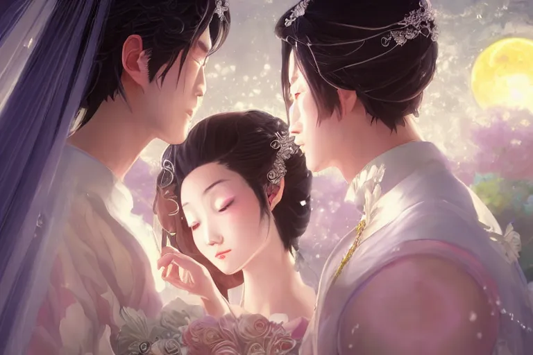 Image similar to a dreamlike portrait of wedding photograph close up moment of a divine a taiwan sun god and moon goddess lovers magician at a wedding banquet. portraiture. digital painting. artstation. concept art. fantasy wedding photo. digital painting, 8 k realistic, hyper detailed, by makoto shinkai and akihiko yoshida and hidari and wlop