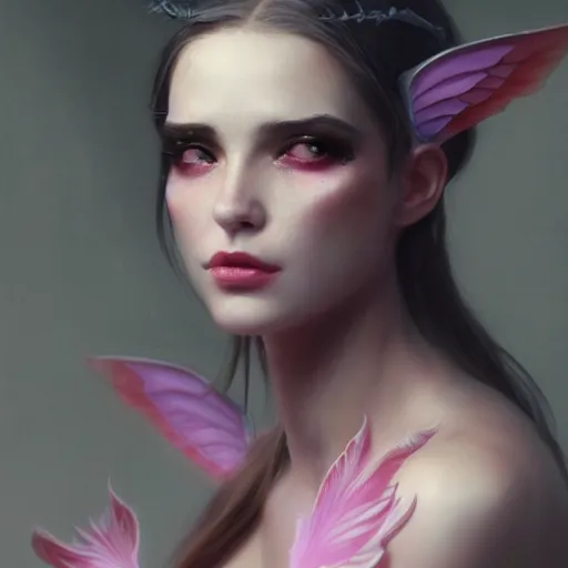 Image similar to a fancy portrait of an attractive succubi with pink wings and a calm look on her face by greg rutkowski, sung choi, mitchell mohrhauser, maciej kuciara, johnson ting, maxim verehin, peter konig, 8 k photorealistic, cinematic lighting, hd, high details, dramatic, dark atmosphere, trending on artstation