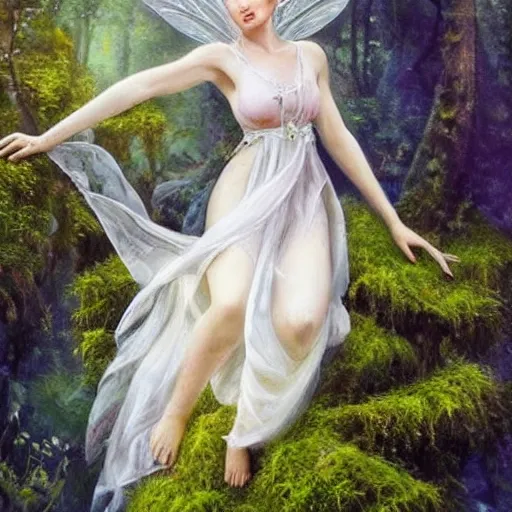 Image similar to epic oil painting of a beautiful fairy with a beautiful face and flawless skin wearing a gauze dress, landing on a mushroom in the forest, moss, fog