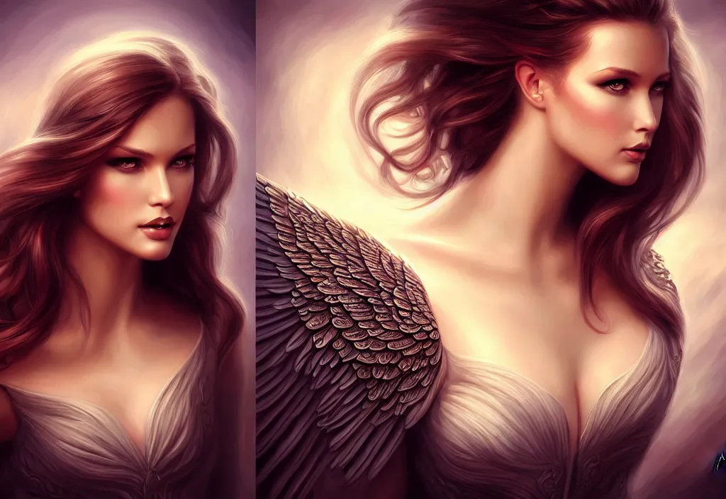 Prompt: picture split from the middle with an border, evil angels with different backrounds, intricate, elegant, highly detailed, realistic hair, centered, digital painting, art station, conceptual art, soft, sharp focus, illustration, artwork, artgerm, wlop, boris vallejo