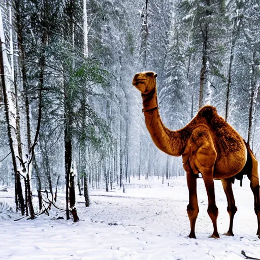 Image similar to a camel walking in a snowy forest, close photo, wildlife photography