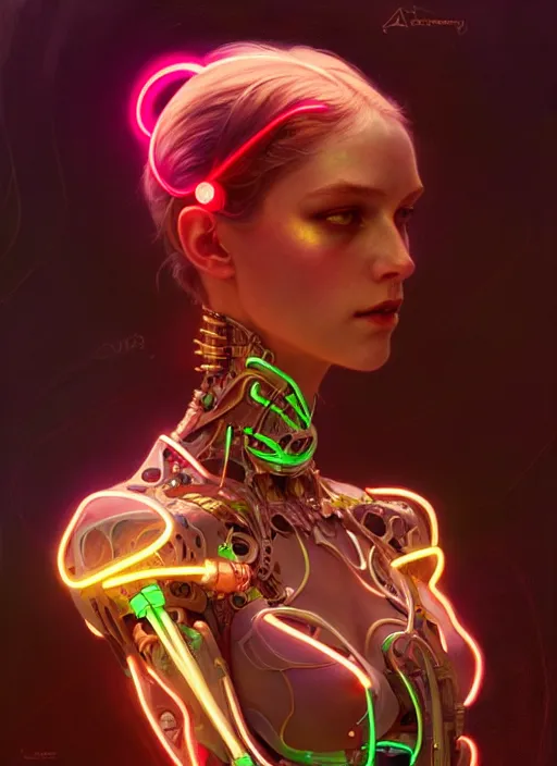 Image similar to neon cyborg, diffuse lighting, fantasy, intricate, elegant, highly detailed, lifelike, photorealistic, digital painting, artstation, illustration, concept art, smooth, sharp focus, art by John Collier and Albert Aublet and Krenz Cushart and Artem Demura and Alphonse Mucha