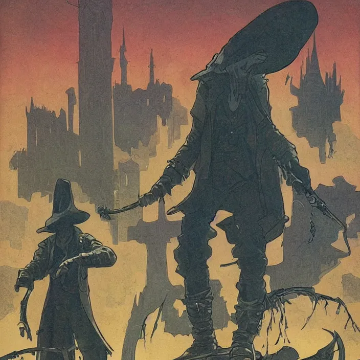 Prompt: t hunter from bloodborne in retrofuturism yharnam, style by retrofuturism, faded red and yelow, by malcolm smith, old comics in city, nicholas roerich,