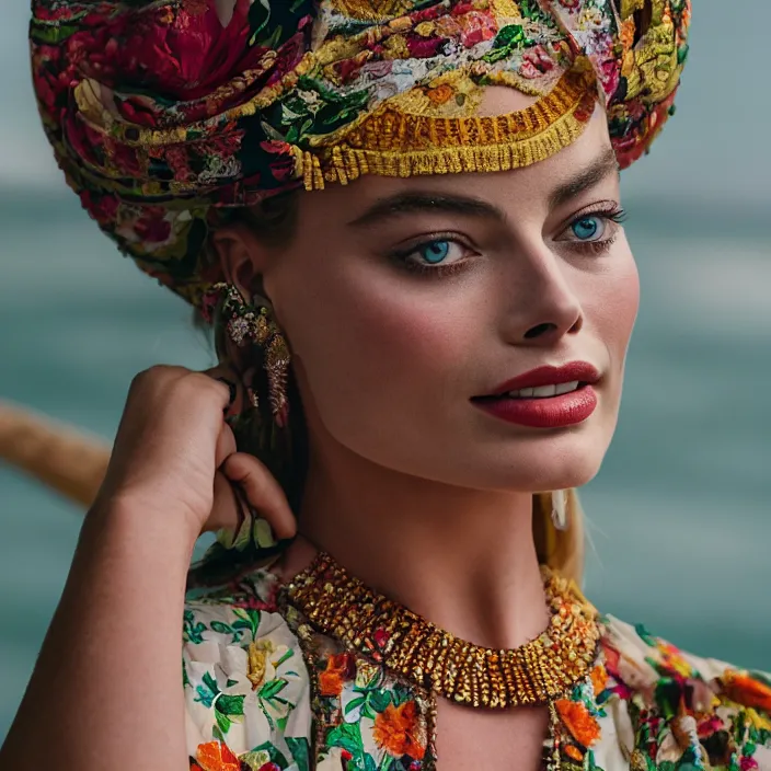 Prompt: portrait of Margot Robbie wearing traditional Balinese dress, by Charlotte Grimm, natural light, detailed face, CANON Eos C300, ƒ1.8, 35mm, 8K, medium-format print