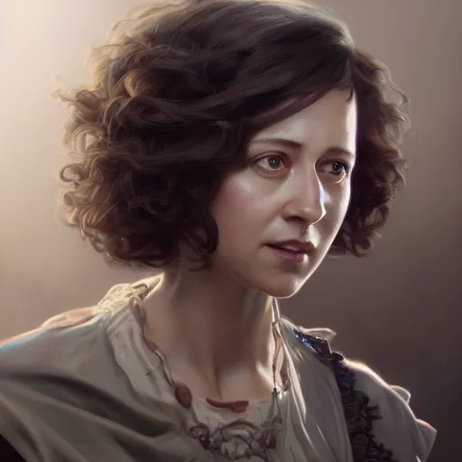 Image similar to ultra realistic illustration, kristen schaal from diablo and baldurs gate, intricate, elegant, highly detailed, digital painting, artstation, concept art, smooth, sharp focus, illustration, art by artgerm and greg rutkowski and alphonse mucha