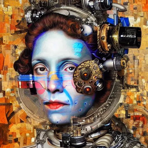 Image similar to deepdream portrait of a female scientist who is also a robot, rococo style, by Sandra Chevrier