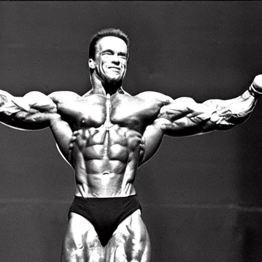 Prompt: skinny arnold schwarzenegger at mr olympia tournament flexing on stage, from the movie photograph