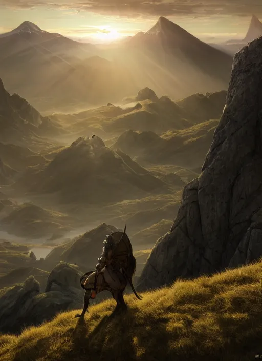 Prompt: medieval adventurer in lord of the rings scenery landscape, looking out at a vast valley at sunrise with mountains in the distance, god's rays, highly detailed, cinematic lighting, perfect composition, 4 k, gustave dore, derek zabrocki, greg rutkowski, belsinski, octane render