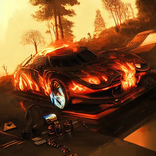 Prompt: [ cyberpunk car on fire in the middle of the woods ] stylized artgerm artstation hd cgsociety cgi realistic dramatic cinematic artistic trending detailed