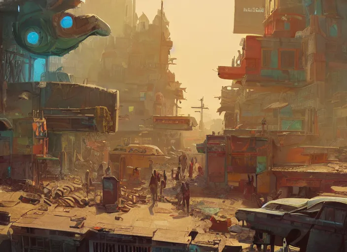 Prompt: painting of of a post apocalyptic futuristic small mexican town cobbled kiosko central town square, studio ghibly and pixar, blade runner 2 0 4 9, san miguel de allende, hanging dia de muertos paper decorations, futuristic colonial city architecture, concept art by atey ghailan, artstation contest winner, concept art, artstation hq, 2 d game art