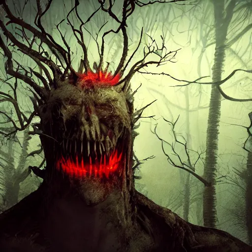 Prompt: A realistic detailed photo of a creepy demon, red eyes, dead trees, detailed body, teeth filled with cavities, foggy landscape, creepy, light particles, detailed light, realistic shaders, trending on artisation, detailed textures, detailed, realistic.