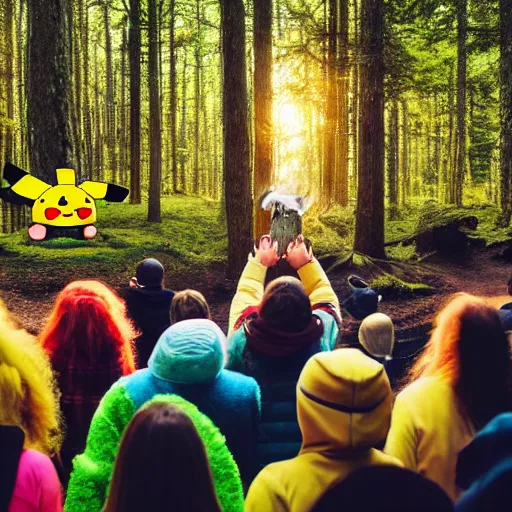 Prompt: photograph of a group of people worshipping a giant!!!, fluffy!!!, chubby!!!, pikachu in a forest, ultra realistic!!!, spring time, slight overcast weather, ( golden hour ), sharp focus