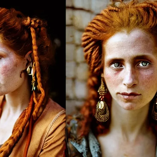 Image similar to beautiful 1 9 th century barbary coast pirate female models with ginger hair and golden hooped earrings photography by steve mccurry