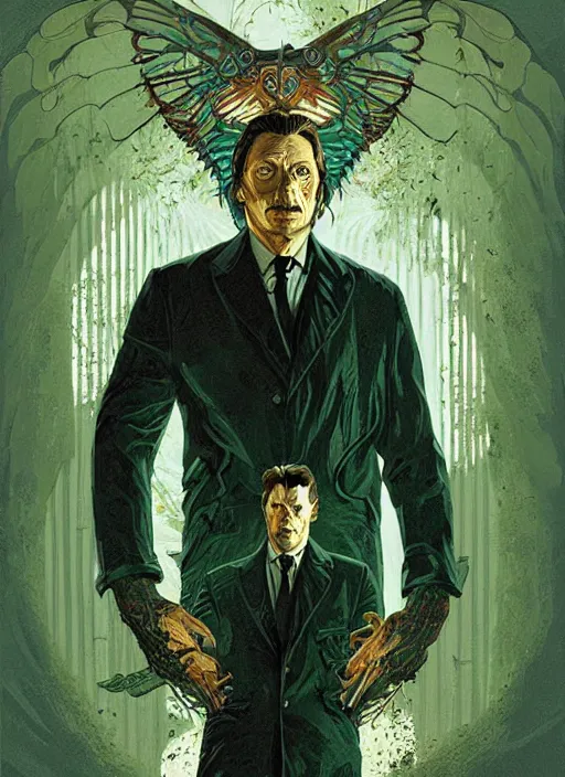 Image similar to poster artwork by Michael Whelan and Tomer Hanuka, Karol Bak of the Mads Mikkelsen, from scene from Twin Peaks, clean