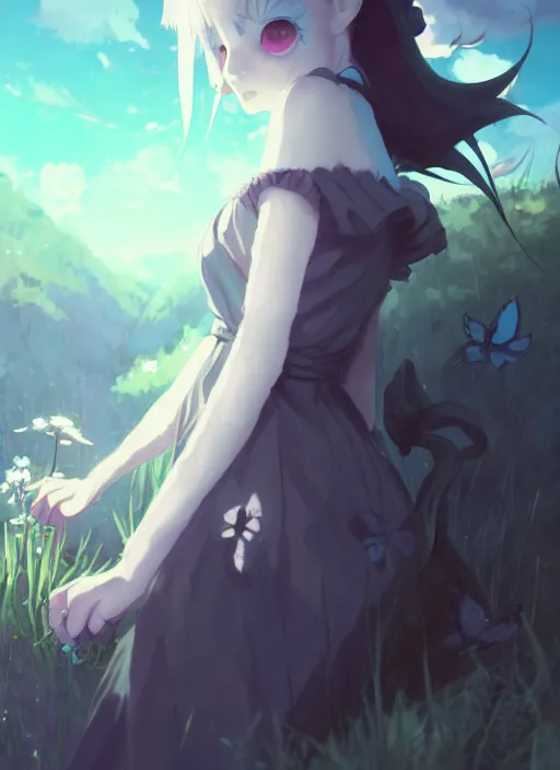 Image similar to portrait of gothic alice from wonderland, cloudy sky background lush landscape illustration concept art anime key visual trending pixiv fanbox by wlop and greg rutkowski and makoto shinkai and studio ghibli