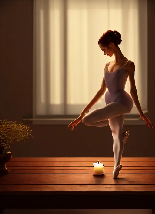 Image similar to a ballerina a wooden table, medieval concept art, cinematic lightning and colors, featured on cg society, photorealism, vray tracing, rendered in unreal engine, photorealistic, vegetables on table and candle, dark lightning, contrast shadows