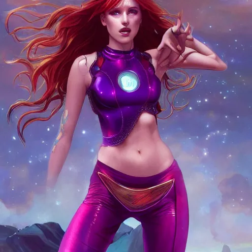Image similar to ultra realistic illustration, bella thorne as starfire wearing crop top anime, intricate, elegant, highly detailed, digital painting, artstation, concept art, smooth, sharp focus, illustration, art by artgerm and greg rutkowski and alphonse mucha and wlop!