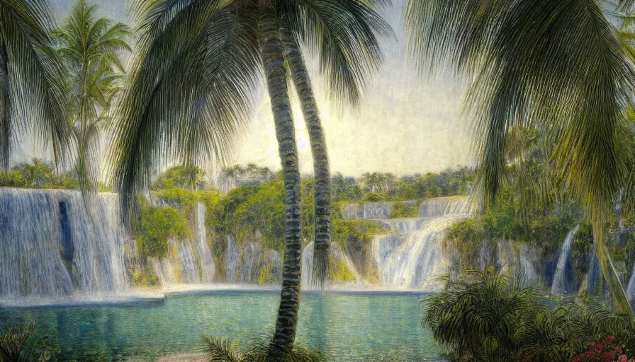 Image similar to a ultradetailed beautiful painting of the diamonds waterfall in the amazonas palace balustrade designed by jules bastien - lepage, tarsila do amaral, frank weston and gustave baumann, beach, trending on artstation, mediterranean, palm trees, sharp focus, soft light, 8 k 4 k