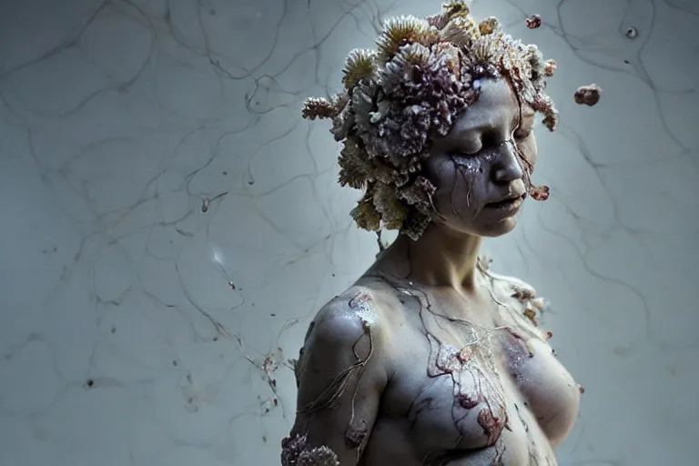 Prompt: a sculpture of a beautiful woman with flowing tears, fractal flowers on the skin, intricate, a marble sculpture by nicola samori, behance, neo - expressionism, wax sculpture, apocalypse art, made of mist, still frame from the prometheus movie by ridley scott with cinematogrophy of christopher doyle, arri alexa, anamorphic bokeh, 8 k
