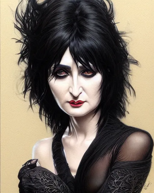 Prompt: portrait of siouxsie sioux, black hair, elegant, real life skin, intricate artwork, high detailed, artstation, concept art, smooth, sharp focus, art by artgerm and greg rutkowski @ ruprechy