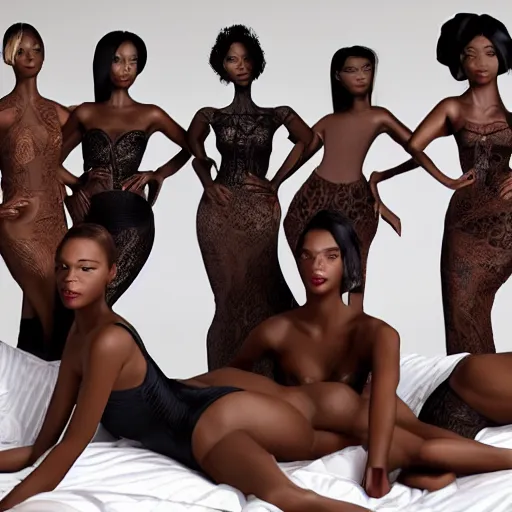 Image similar to intricate portrait of a group of black models posing at a photoshoot, while posing in the same bed , they are all laying down, 3d, in the style of pixar, smooth, 3d, highly detailed, highly detailed, sharp focus, bokeh, depth of field, 16k resolution, Unreal Engine 5, coherent, cinematic lighting, photorealistic