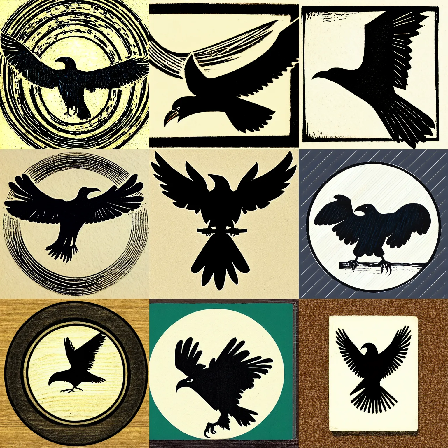 Prompt: tonalist woodcut of flying raven, corporate logo, icon, rondel