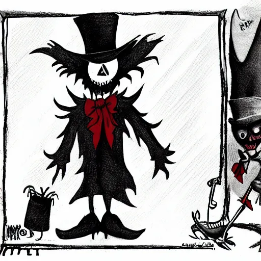 Image similar to a Pop Wonder scary horror themed goofy-hilarious-character Jack-Frost-Babadook-scarecrow-madhatter-williewonka-wearing a scarf with RED-Eyes, 3-piece-suit, dime-store-comic drawn with charcoal and pen and ink, half-tone-line-stacking