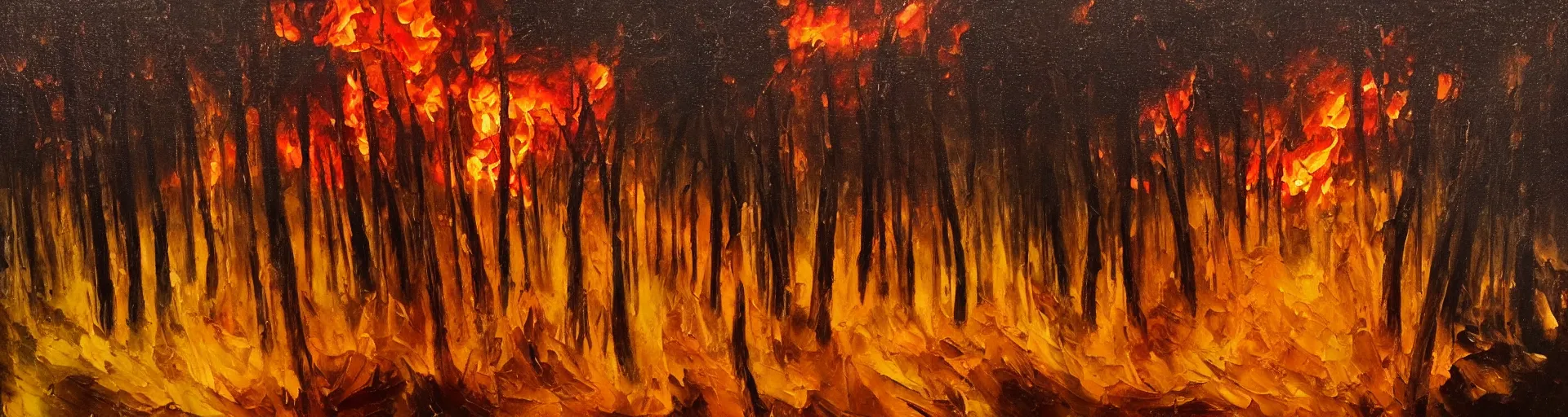Prompt: an oil painting inspired by the old masters, of a wild forest fire at night time, thick paint, brush strokes, beautiful details, oil paint on canvas, exquisite quality