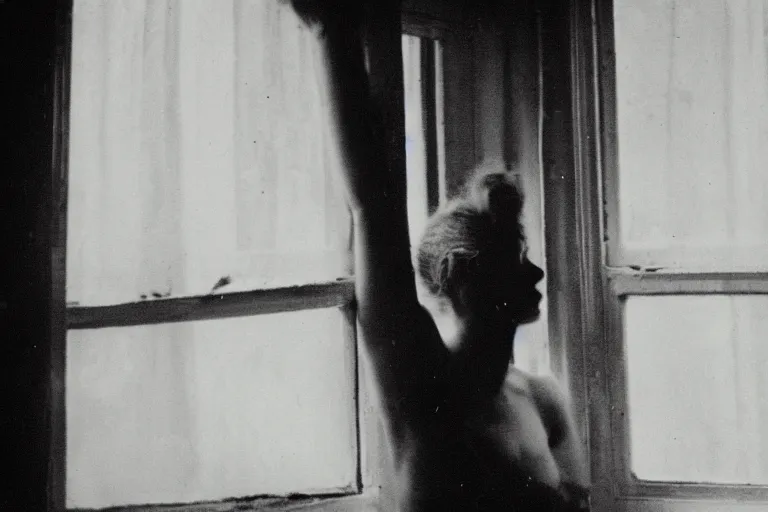 Image similar to silhouette of a woman in front of a dirty window, photo by Francesca Woodman,