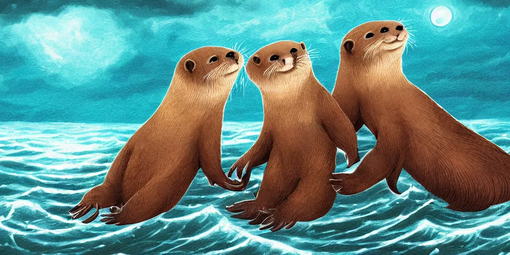 Image similar to Two adorable otters falling in love holding hands side by side, all alone in the middle of a huge storm at sea, fantasy illustration, cinematic, dreamlike, Award winning, romance, detailed trending on art station masterpiece