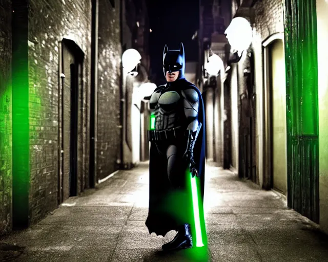 Prompt: a photograph of Batman holding a green lightsaber in a dark city alleyway at nighttime