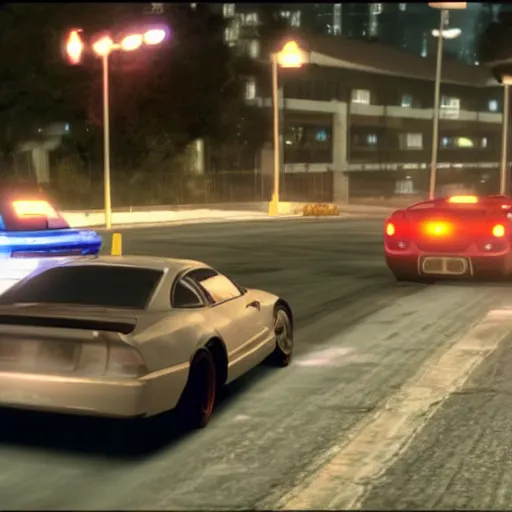 Prompt: chase camera gameplay footage of need for speed underground 2 in bayview at night