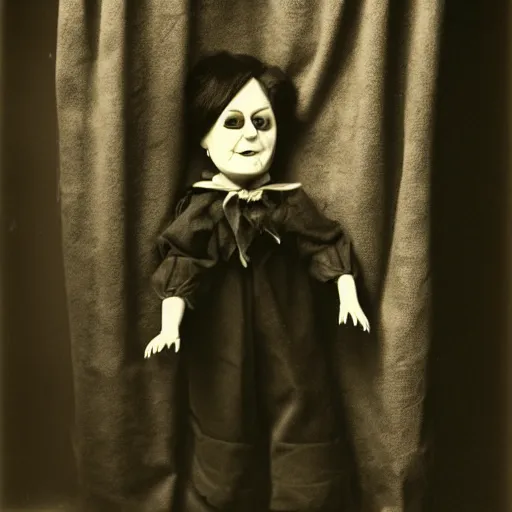 Image similar to ventriloquist doll holding a knife hiding behind a curtain, ventriloquist dummy, photo, hyperrealistic, creepy, dark, epic, cinematic, style of atget, style of cabinet of dr. caligari, detailed