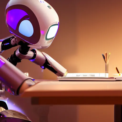 Image similar to a female metalic robot painting a picture of a website designer sat at a computer desk, 4k, unreal 5