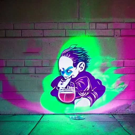 Image similar to florescent glowwave graffiti of the baby joker drinking wine on a street wall, glow wave