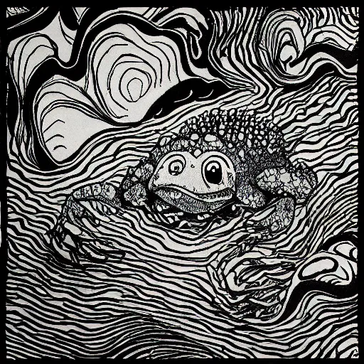 Prompt: deep camouflage angry toad evil eyes poking out eyes from under the water ultra sharp blur background simple background psychedelic contour ink drawing gustave dore katshushika Hokusai big eyes