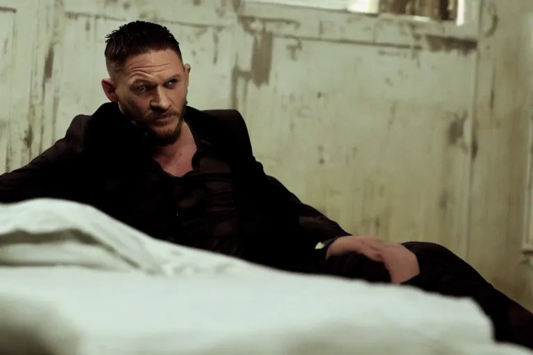 Image similar to film still of Tom Hardy as Max Payne in bedroom with a bed covered in blood in the Max Payne movie, 4k