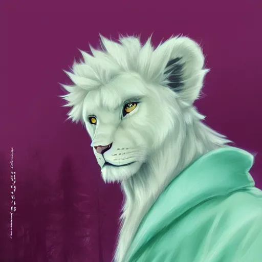 Prompt: aesthetic portrait commission of a albino male furry anthro lion wearing a cute mint colored cozy soft pastel winter outfit, winter atmosphere. character design by charlie bowater, ross tran, artgerm, and makoto shinkai, detailed, inked, western comic book art, 2 0 2 1 award winning painting