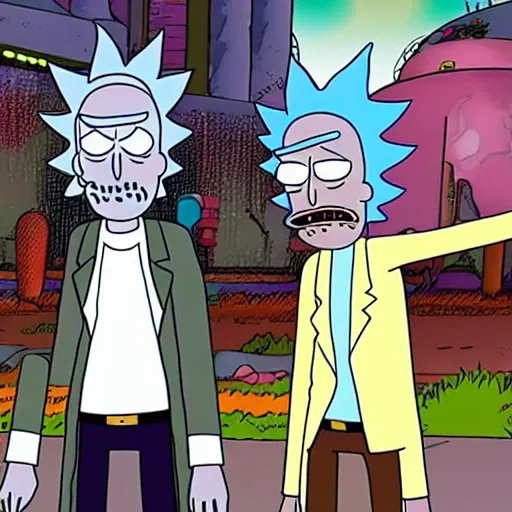 Prompt: rick and morty wandering around in awe in the streets of las vegas