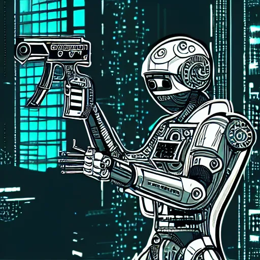 Prompt: detailed, intricate illustration of robot jesus shooting a gun in a cyberpunk city