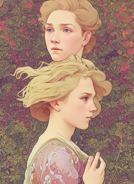 Image similar to pretty young man with shoulder length blond hair, half body shot, emotional, decorative flower patterned background, path traced, highly detailed, high quality, digital painting, by studio ghibli and alphonse mucha, leesha hannigan, hidari, disney, jules bastien - lepage, art nouveau, martine johanna, android jones, andreas rocha