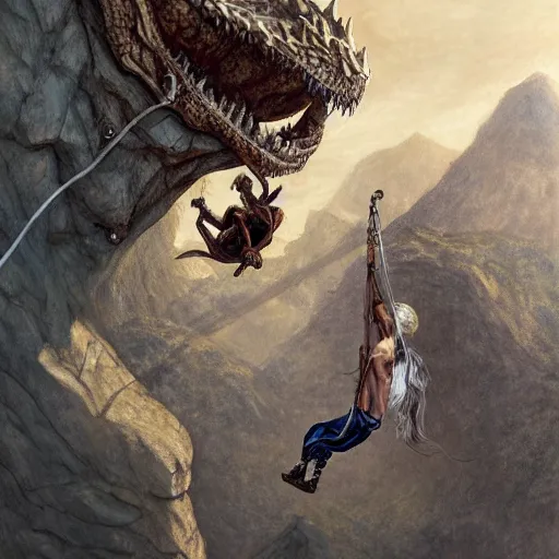 Image similar to rogue rock climber climbing a giant ancient dragons skull, very detailed, fantasy art, dungeons and dragons, belaying, ropes, landscape, cover of national geographic