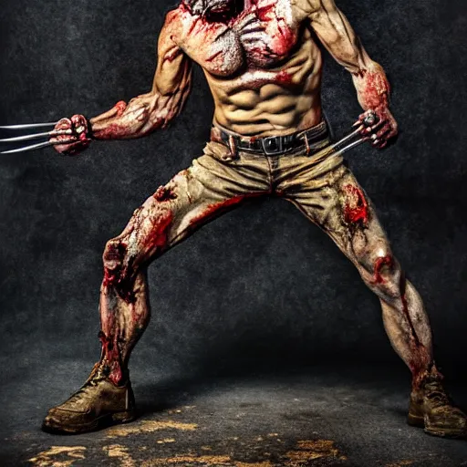 Prompt: wolverine, butcher, the walking dead zombie, full body by yousuf karsh, golden hour, realistic, body shot, sharp focus, 8 k high definition, insanely detailed, intricate, elegant