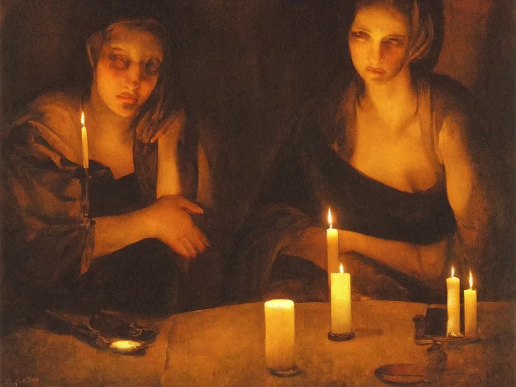 Prompt: Beautiful woman seated at a candle light. Melancholy. Painting by Georges de la Tour, Jan Saudek