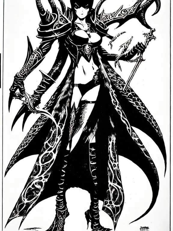 Prompt: bayonetta as a d & d monster, full body, pen - and - ink illustration, etching, by russ nicholson, david a trampier, larry elmore, 1 9 8 1, hq scan, intricate details, stylized border