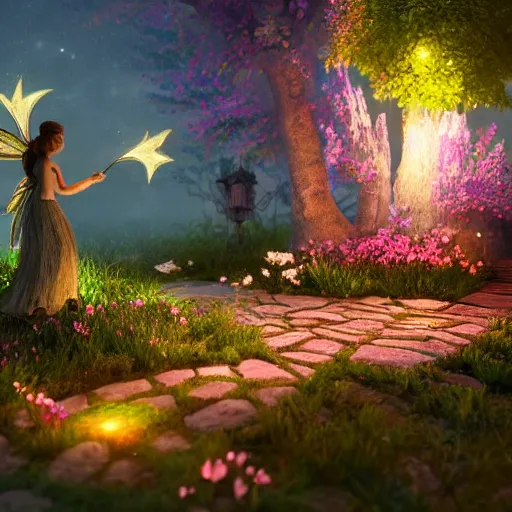 Image similar to fairy glowing magically at night concept art, realistic garden, beautiful, glorious, matte painting, highly detailed, trending on artstation, 4 k, rendered in octane